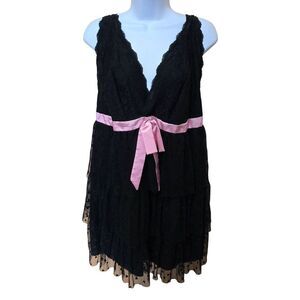 Cacique Intimates Womens Black Lace & Mesh Babydoll With Pink Satin Ribbon Size